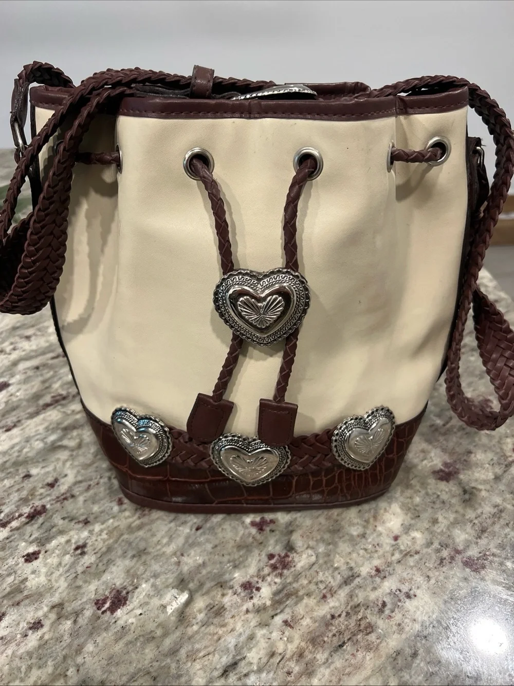 Cream & Brown Heart-Accent Bucket Bag